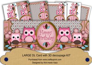 Pink Owls Happy Birthday Large Dl Decoupage Card Kit