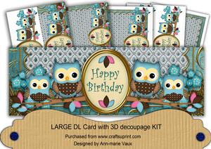 Blue Owls Happy Birthday Large Dl Decoupage Card Kit