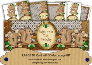 Tea Squirrels 11th Birthday Large Dl Decoupage Card Kit