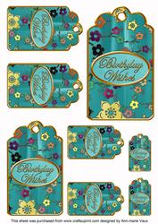 Teal Painted Colour Cherry Blossom Birthday Tag Sheet