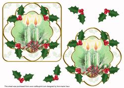 Mint Candle Duo Holly Fancy Decoupage Topper
