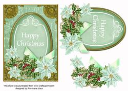 Pastel Mint Poinsettia Happy Christmas Oval 7x5in Topper