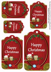 Red Christmas Owls Happy Christmas Tag Sheet