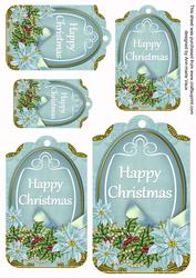 Pastel Teal Poinsettia Happy Christmas Sentiment Tag Sheet