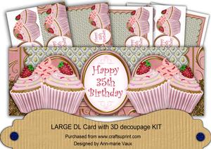 Pink Strawberry 35th Birthday Cupcake Large Dl Card Kit