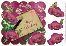 Cerise Poppy Happy Birthday 8in Decoupage Topper