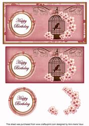 Pink Birdcage Happy Birthday Dl Decoupage Topper