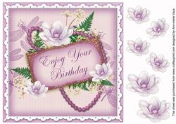 Lilac Magnolia Enjoy Birthday 8in Vintage Decoupage Topper