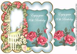 Teal Rose Arch 80th Birthday 8in Scallop Topper