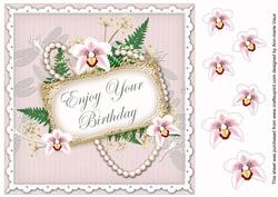 White Orchid Enjoy Birthday 8in Vintage Decoupage Topper