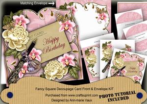 C Rose P Orchid Happy Birthday Fancy Sq Deco Card & E Kit