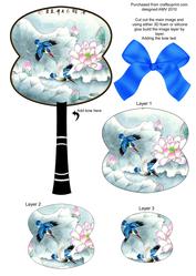 Bird and Blue Lily Oriental Hand Fan 3D Topper