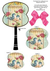 Bluebirds in Cage Oriental Hand Fan 3D Toppers