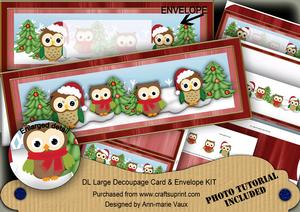 Christmas Owls1 Red Large Dl Decoupage Card & Env Kit