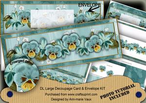 Teal Pansies Large Dl Decoupage Card & Env Kit