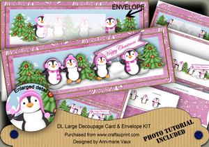 P Penguins Happy Chrismas Large Dl Decoupage Card & Env Kit