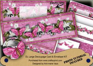 Cerise Black Butterfly Large Dl Decoupage Card & Env Kit