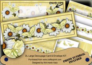 White Daisy Butterfly Large Dl Decoupage Card & Env Kit
