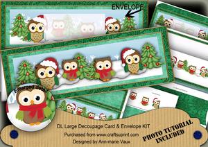 Cute Green Owls Christmas Large Dl Decoupage Card & Env Kit