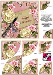 Cream Pink Orchid Happy Birthday 6in Round Corner Stacker
