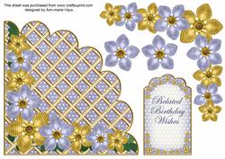 Gold Blue Fmk Belated 7in Scallop Corner Decoupage Topper