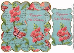 Teal Sweetpeas 70th Birthday 8in Scallop Topper
