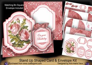 Pink Roses 1 Large Fancy Stand Up Card N Envelope Kit