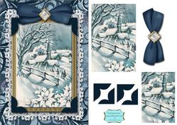 Christmas Blue Snow Village A5 Lace Card Front Step by Step