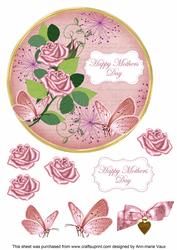 Pink Rose Happy Mothers Day 7in Circle Decoupage Topper