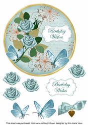Teal Rose Birthday Wishes 7in Circle Decoupage Topper