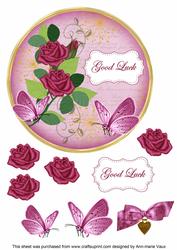Cerise Rose Good Luck 7in Circle Decoupage Topper
