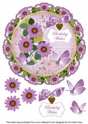Lilac Daisy Birthday Wishes 8in Doily Decoupage Topper