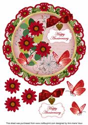 Red Daisy Happy Anniversary 8in Doily Decoupage Topper
