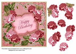 Pink Roses Happy Birthday 7in Fancy Decoupage Topper