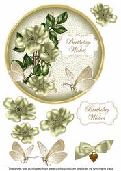 Olive Wild Rose Birthday Wishes 7in Circle Decoupage Topper