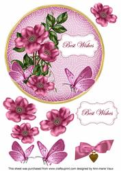 Cerise Wild Rose Best Wishes 7in Circle Decoupage Topper