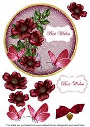 Hot Pink Wild Rose Best Wishes 7in Circle Decoupage Topper