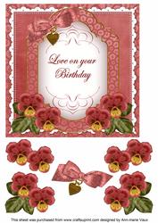 Red Pansy Love on Birthday Fancy 7in Decoupage Topper