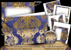 Dark Blue Gold Damask 7x5inch Landscape Card & Envelope Mini Kit