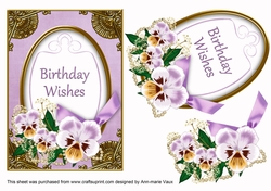 Lilac Pansy Birthday Wishes 7x5in Oval Decoupage Topper