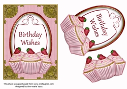 Pink Strawberry Cupcake Birthday Wishes 7x5in Oval Decoupage Topper