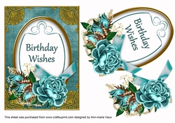 Teal Rose Birthday Wishes 7x5in Oval Decoupage Topper
