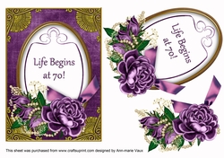 Purple Rose Life Begins at 70! 7x5in Oval Decoupage Topper
