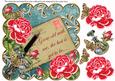 Cerise Roses Deep Teal Grow Old 8in Scallop Decoupage Topper