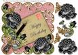 Black Roses Pink Happy Birthday 8in Decoupage Topper