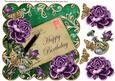 Purple Roses Green Happy Birthday 8in Decoupage Topper