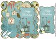 Dusky Teal Birdcage Happy Birthday 8in Scallop Topper