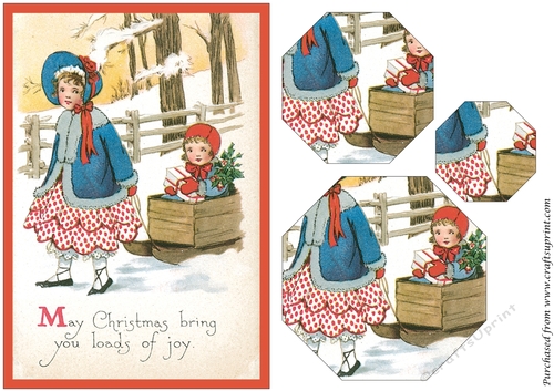Vintage Christmas Girls Sleighing Octagon Pyramid