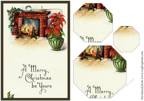 Vintage Christmas Fireplace with Poinsettia Octagon Pyramid
