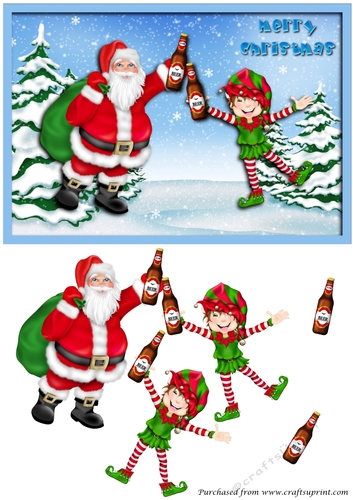 Santa and his Elf drinking beer 3d Decoupage